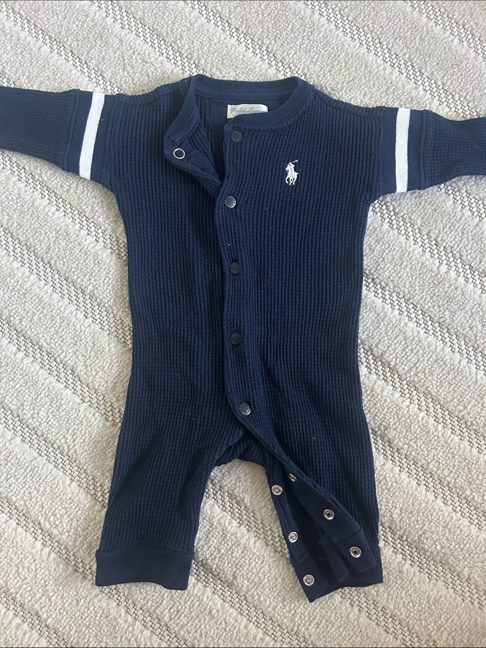 Ralph Lauren Navy Waffle-Knit Baby One-Piece with White Stripes